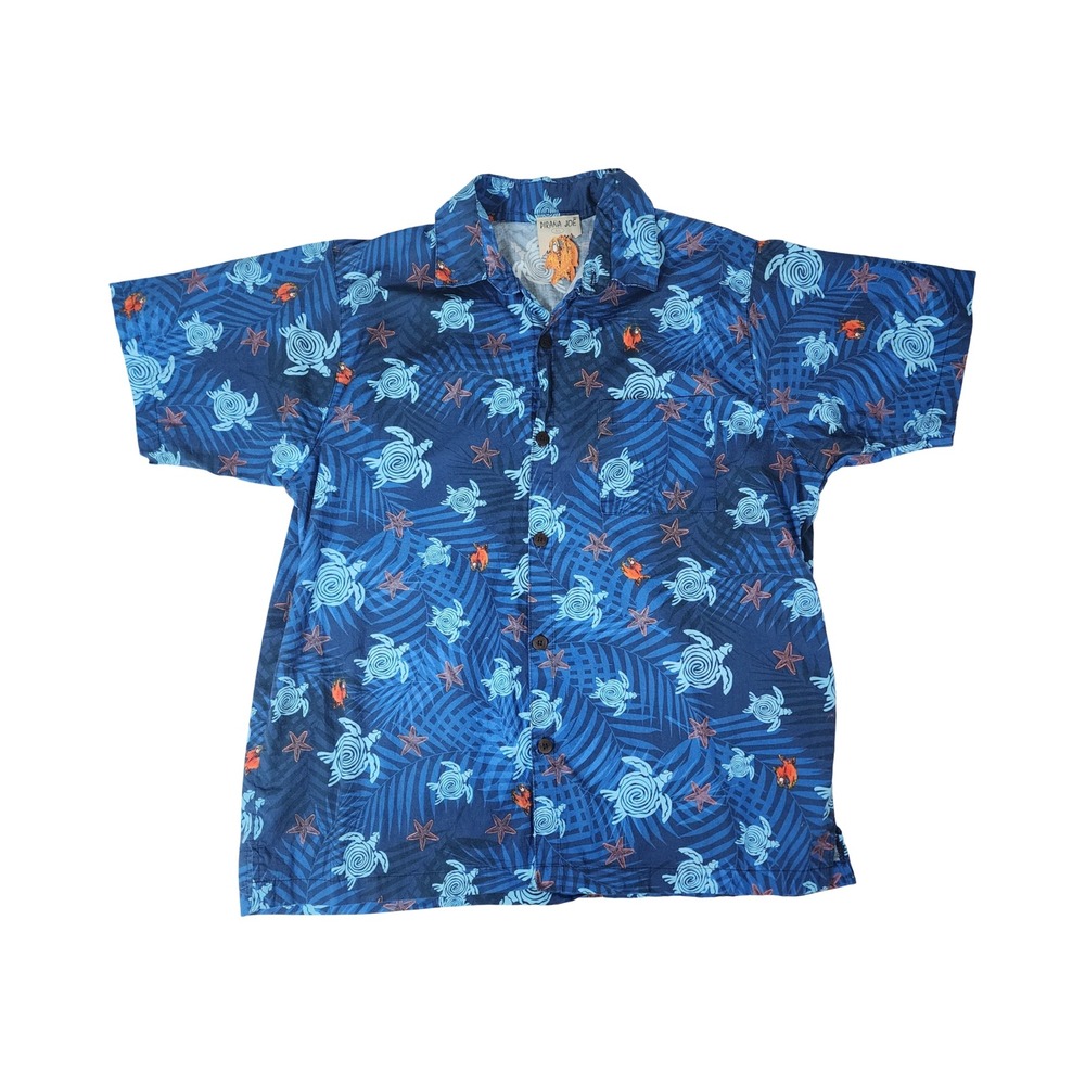 Pirana Joe Mens Blue Sea Turtle Starfish Tropical Hawaiian Button Down Shirt L